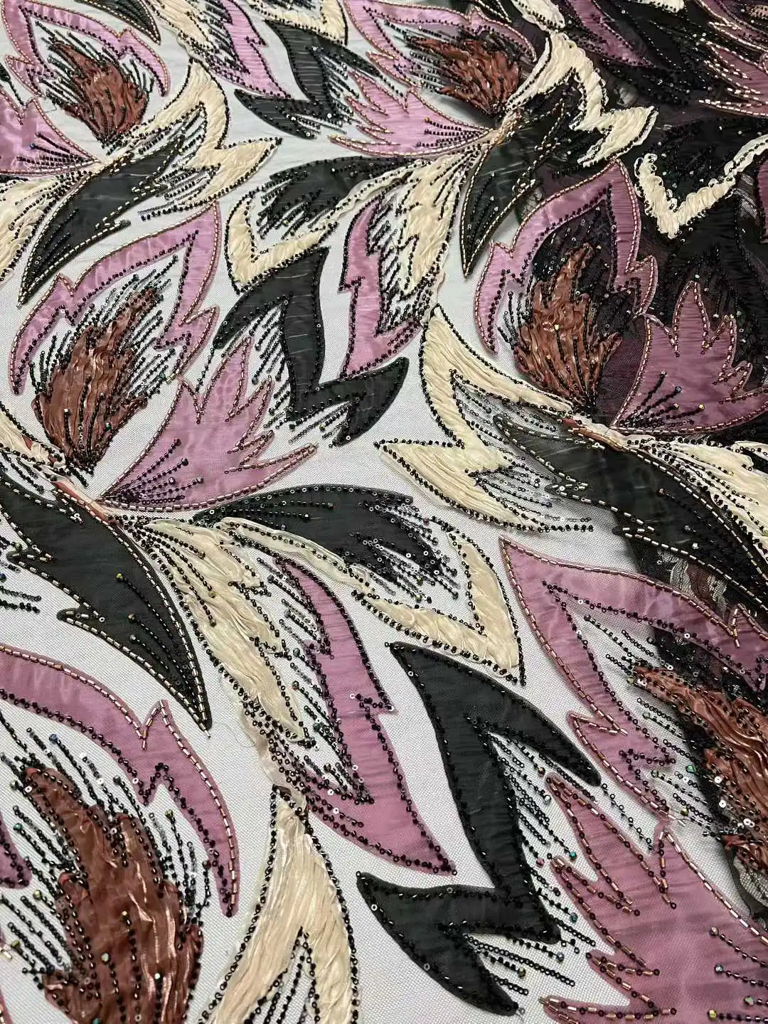 Handmade Beaded Sequins African Lace Fabric by Yiben (7 Colors, 5 Yards)