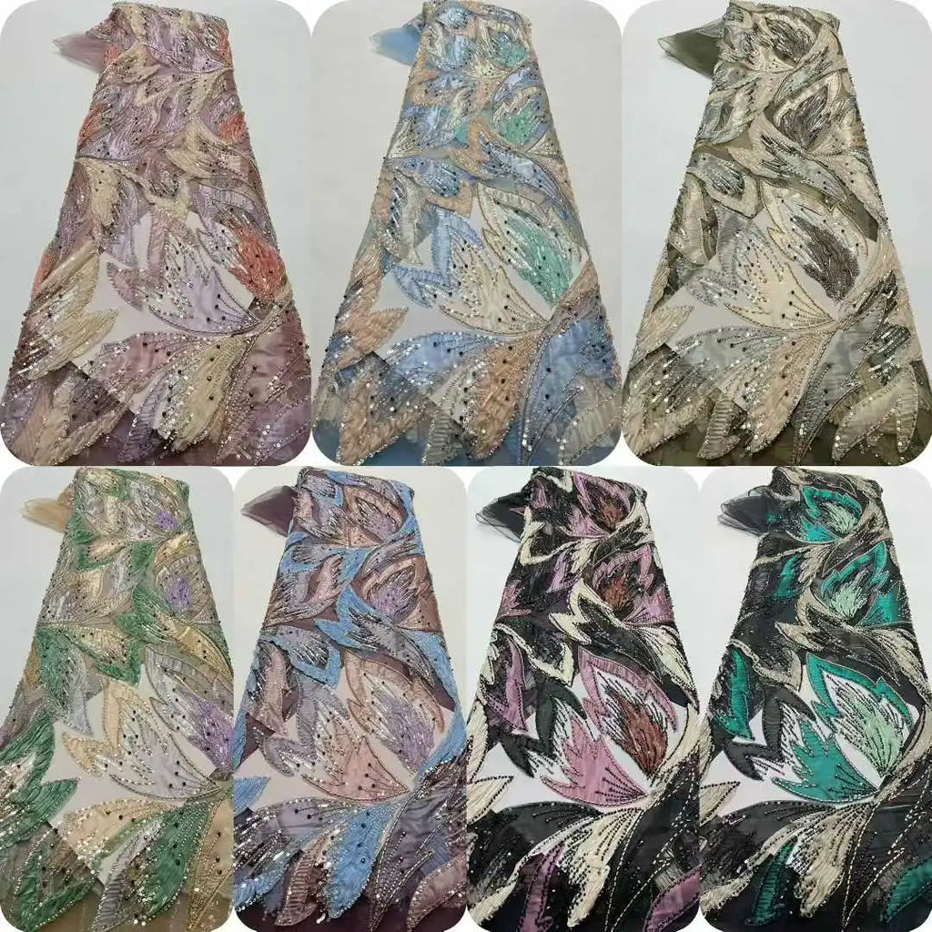 Handmade Beaded Sequins African Lace Fabric by Yiben (7 Colors, 5 Yards)