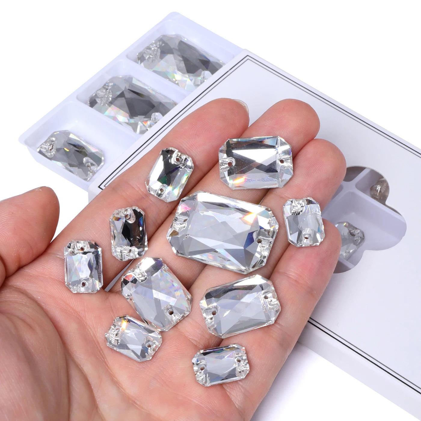 Emerald Cut Glass Sew-On Rhinestones by Yiben (3 Colors, Mix Size)