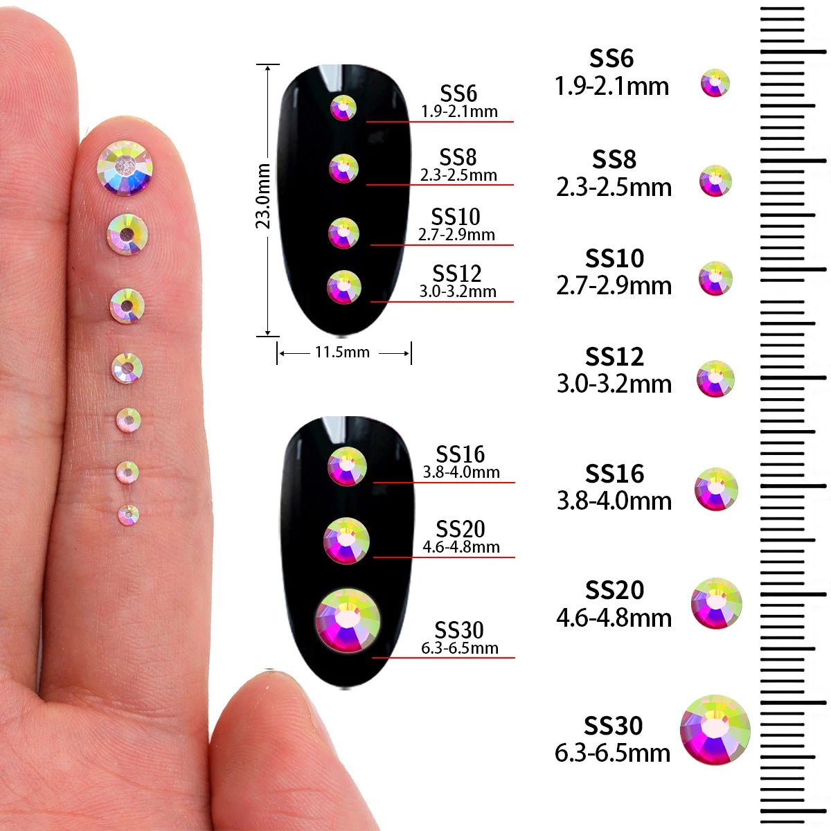 Mixed Size Glass Hotfix Rhinestones SS6-SS30 1440Pcs 34 Colors by Yiben