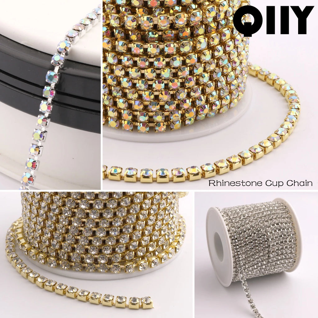 SS6-SS28 Glitter Rhinestone Cup Chain by Yiben (Silver/Gold Base)