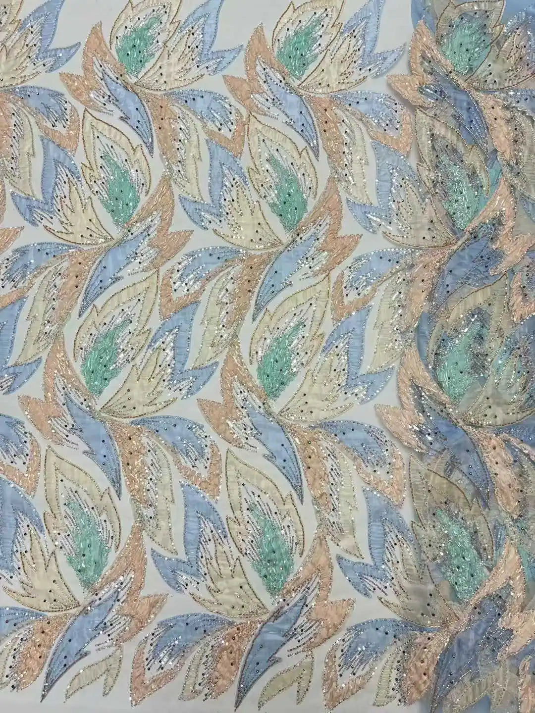 Handmade Beaded Sequins African Lace Fabric by Yiben (7 Colors, 5 Yards)
