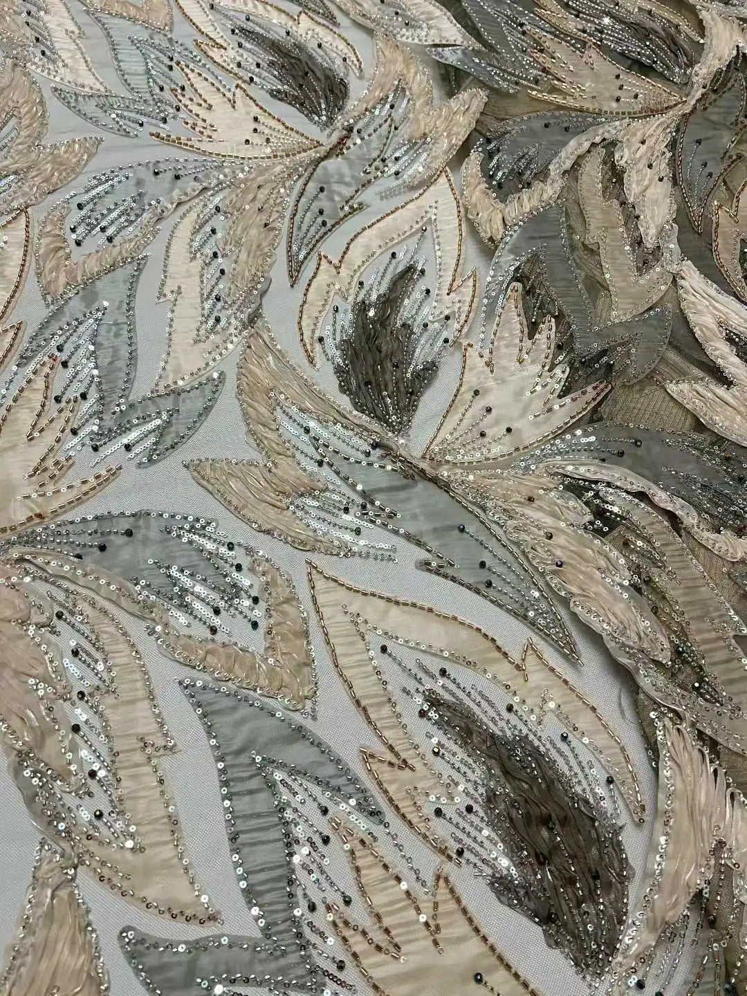 Handmade Beaded Sequins African Lace Fabric by Yiben (7 Colors, 5 Yards)