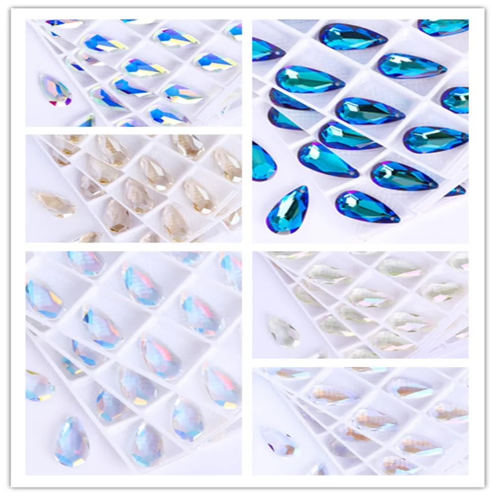 Drop Single Hole Pointed Back Glass Rhinestone 12x24mm 15 Colors by Yiben