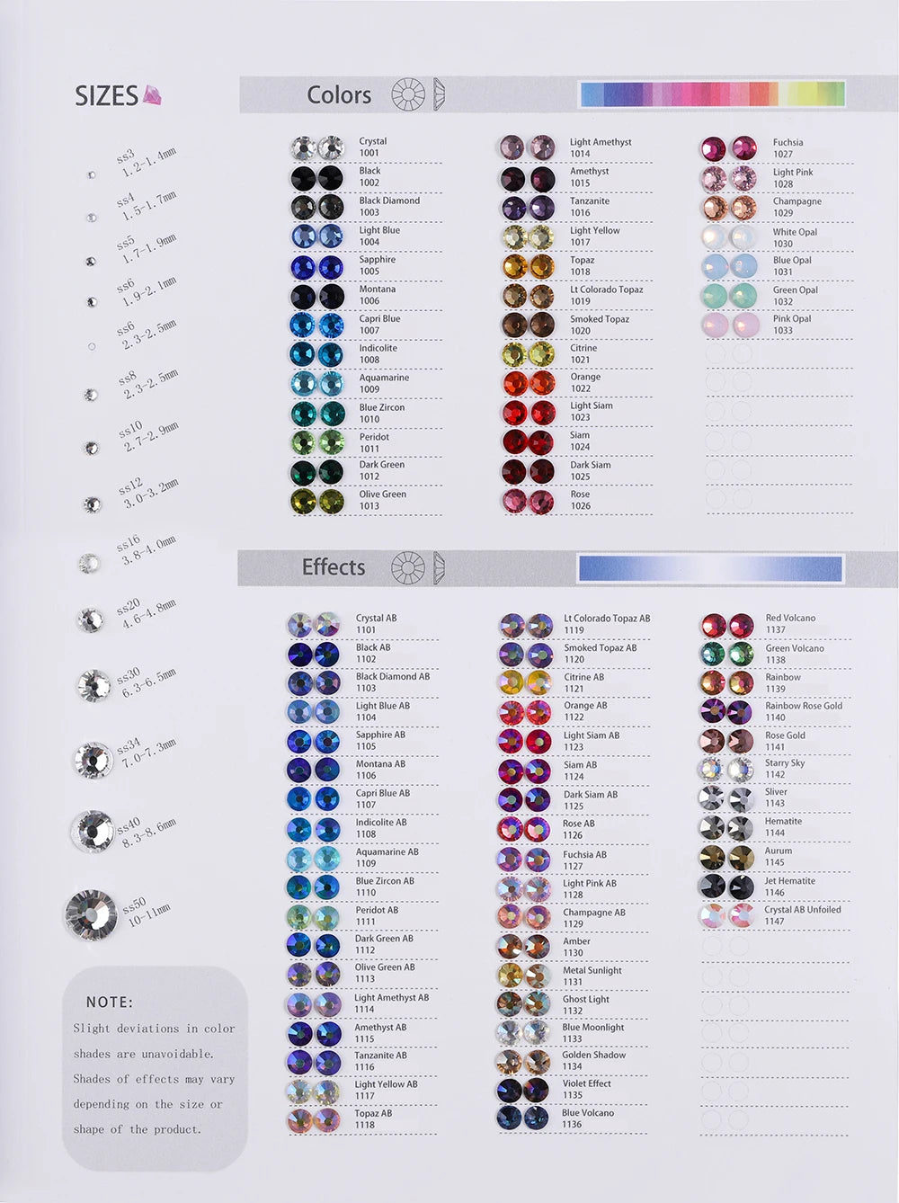 SS3-SS20 Mix Size Gold Flatback Non-Hotfix Rhinestones by Yiben (33 Colors)