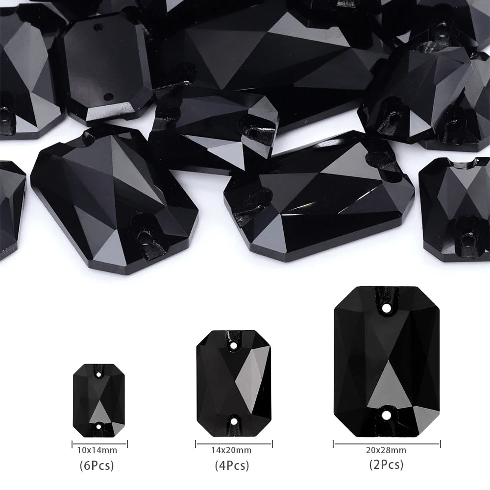 Emerald Cut Glass Sew-On Rhinestones by Yiben (3 Colors, Mix Size)