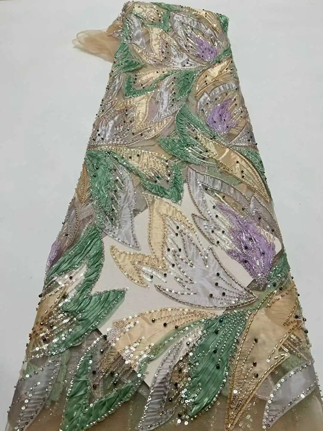 Handmade Beaded Sequins African Lace Fabric by Yiben (7 Colors, 5 Yards)