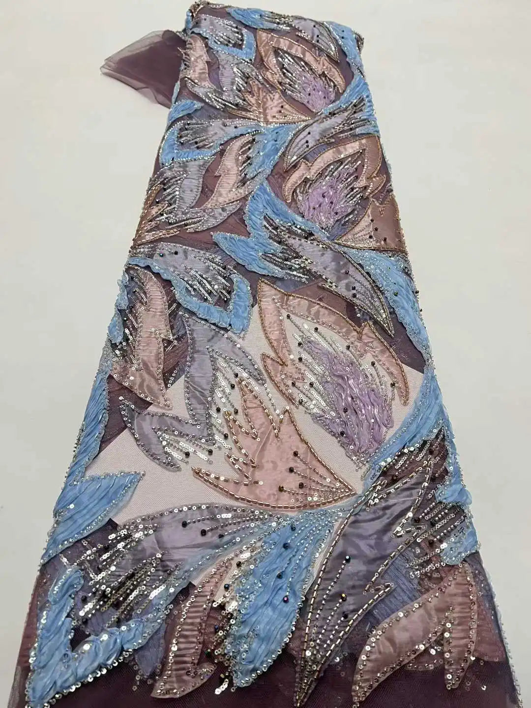 Handmade Beaded Sequins African Lace Fabric by Yiben (7 Colors, 5 Yards)