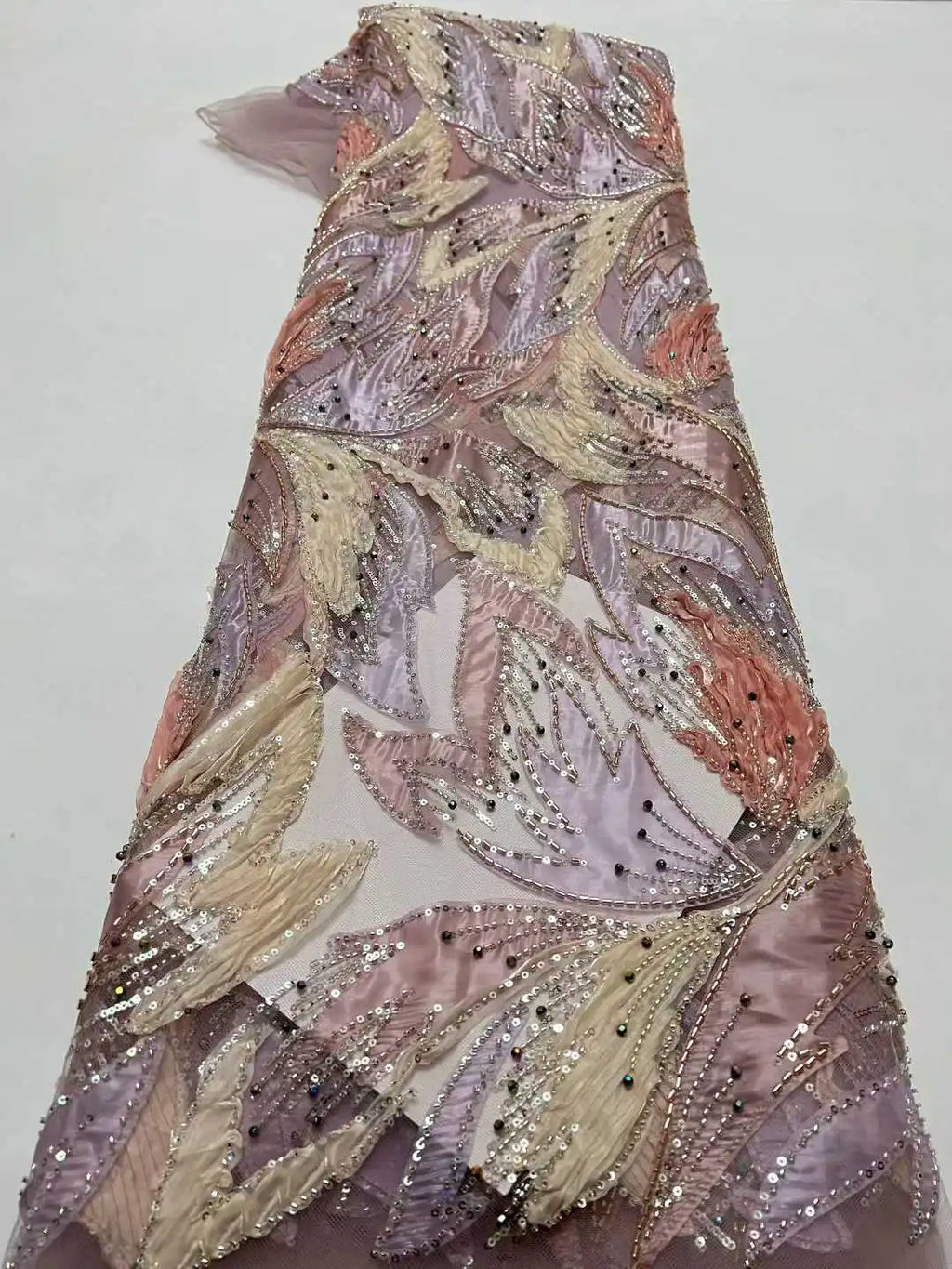 Handmade Beaded Sequins African Lace Fabric by Yiben (7 Colors, 5 Yards)