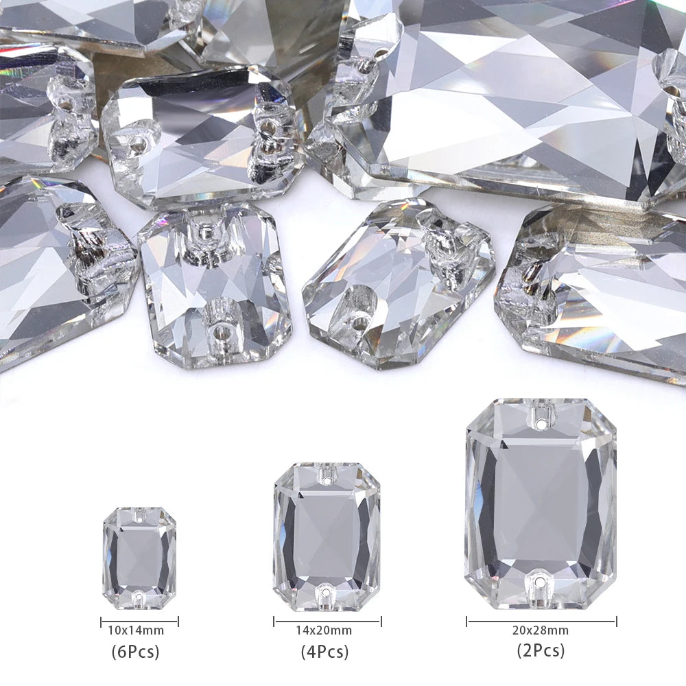 Emerald Cut Glass Sew-On Rhinestones by Yiben (3 Colors, Mix Size)