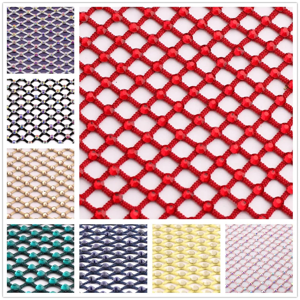 Stretch Crystal Net Fabric with Glass Rhinestones SS10 (12 Colors) by Yiben
