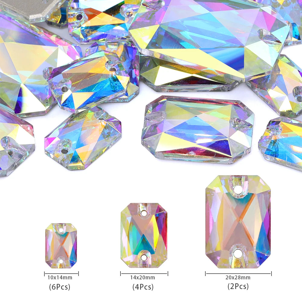 Emerald Cut Glass Sew-On Rhinestones by Yiben (3 Colors, Mix Size)
