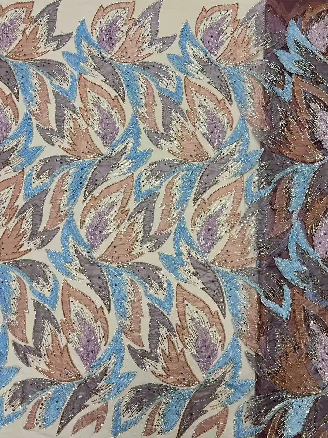 Handmade Beaded Sequins African Lace Fabric by Yiben (7 Colors, 5 Yards)