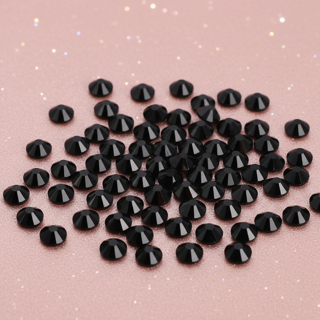 Black glass hotfix rhinestones on dreamy pink gradient background