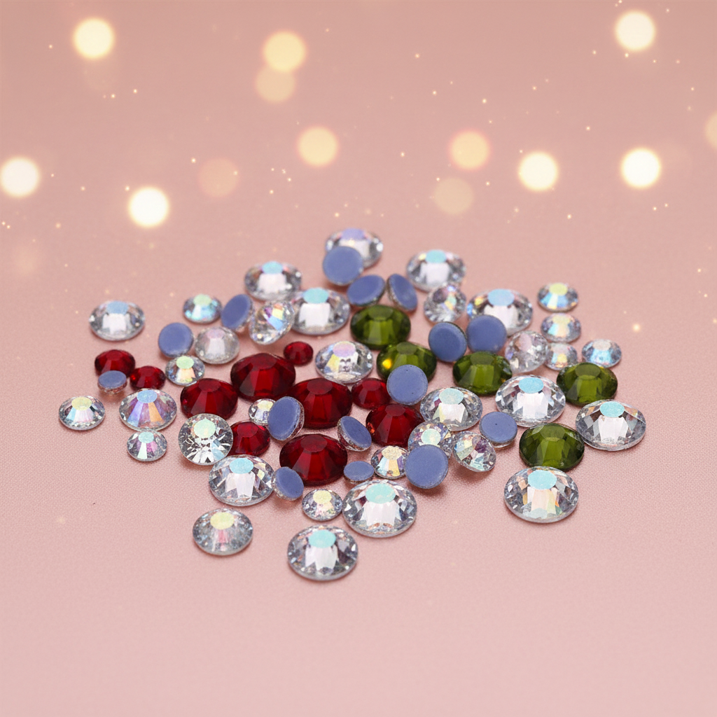 Mixed size colorful glass hotfix rhinestones on dreamy pink gradient background